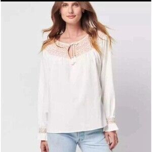 Faherty Laura Embroidered Top White Long Sleeve Smocked Tassel Size M